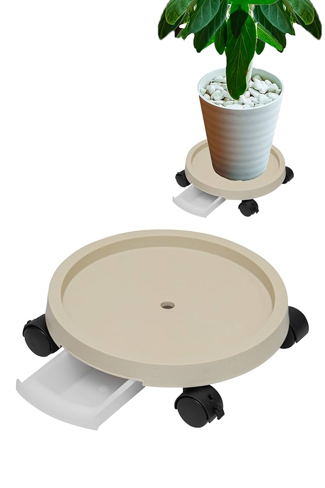 大型テラコッタ製円筒形植木鉢＋キャスター付きトレイ2点セット 大型テラコッタ製円筒形植木鉢＋キャスター付きトレイ2点セット